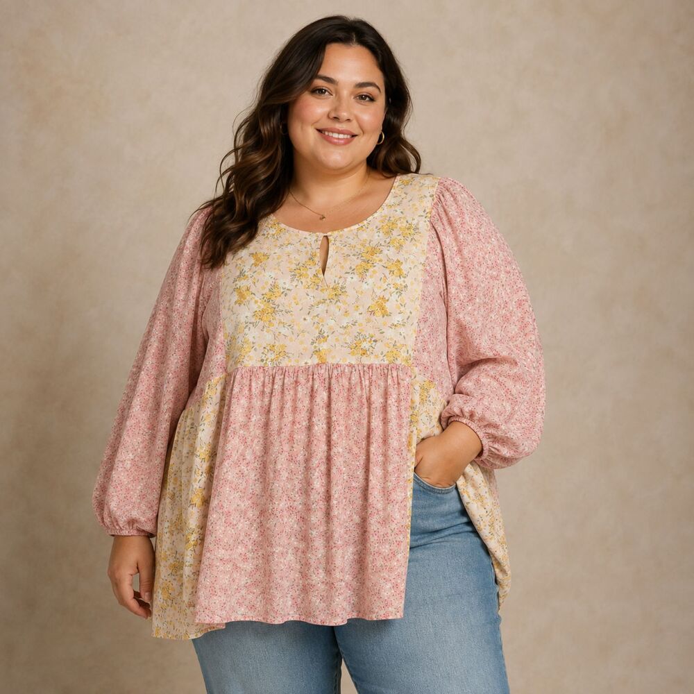 Umgee Women’s Pink Floral Patchwork Peasant Top Size 1X